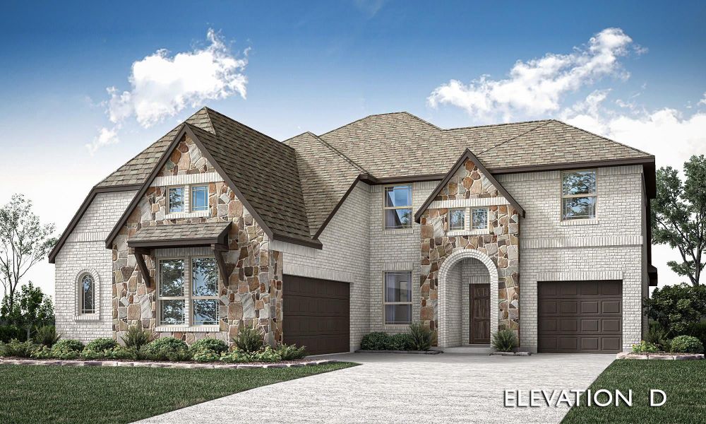 Two-story home with white brick and stone exterior, three-car garage, and arched entry, Elevation D Two-story home with white brick and stone exterior, three-car garage, and arched entry, Elevation D