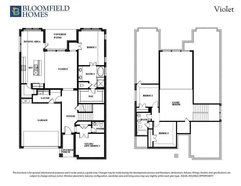 Bloomfield Homes Violet floor plan showing two-story layout with three bedrooms, game room, family room, and two-car garage.
