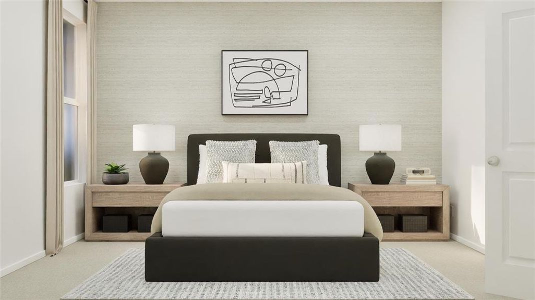 Bedroom featuring carpet floors and wallpapered walls Bedroom featuring carpet floors and wallpapered walls