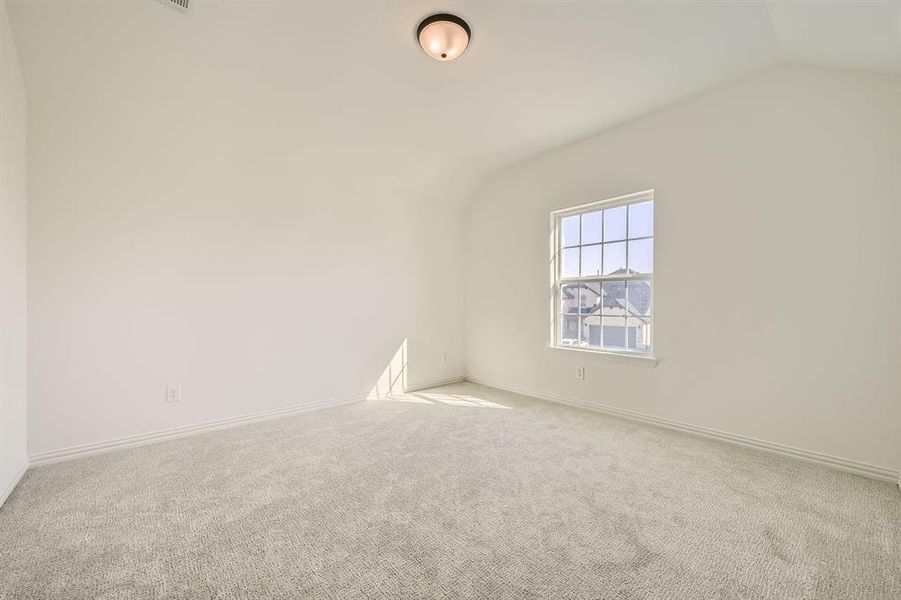 Carpeted empty room with vaulted ceiling