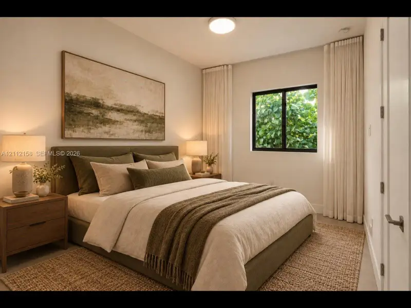 Peaceful bedroom with a black-framed window, floor-to-ceiling curtains, and a soft neutral palette