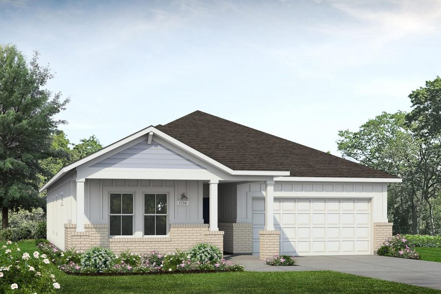 Representative exterior photo of a completed home built from the 1665 Casetta by Brohn Homes in Casetta Ranch, Kyle, TX (Image 4).