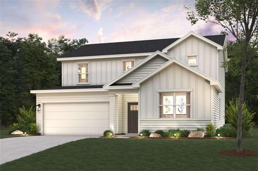 Front exterior of a new home in Union Heights, Flowery Branch, GA, highlighting curb appeal (Image 1).
