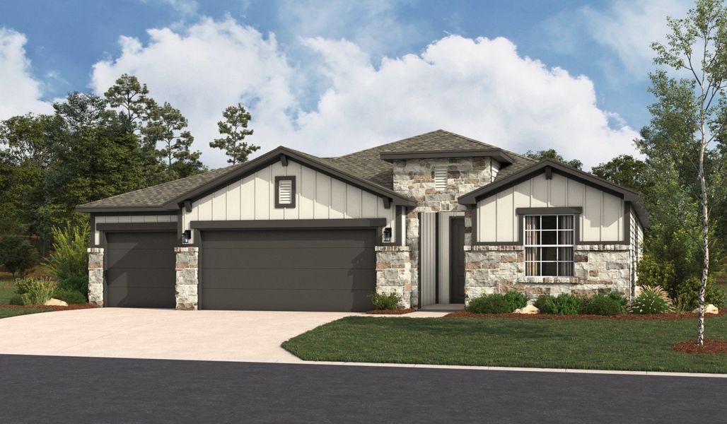 Representative exterior photo of a completed home built from the Valencia by Hakes Brothers in Hickory Ridge Estates, Elmendorf, TX (Image 1). Representative exterior photo of a completed home built from the Valencia by Hakes Brothers in Hickory Ridge Estates, Elmendorf, TX (Image 1).
