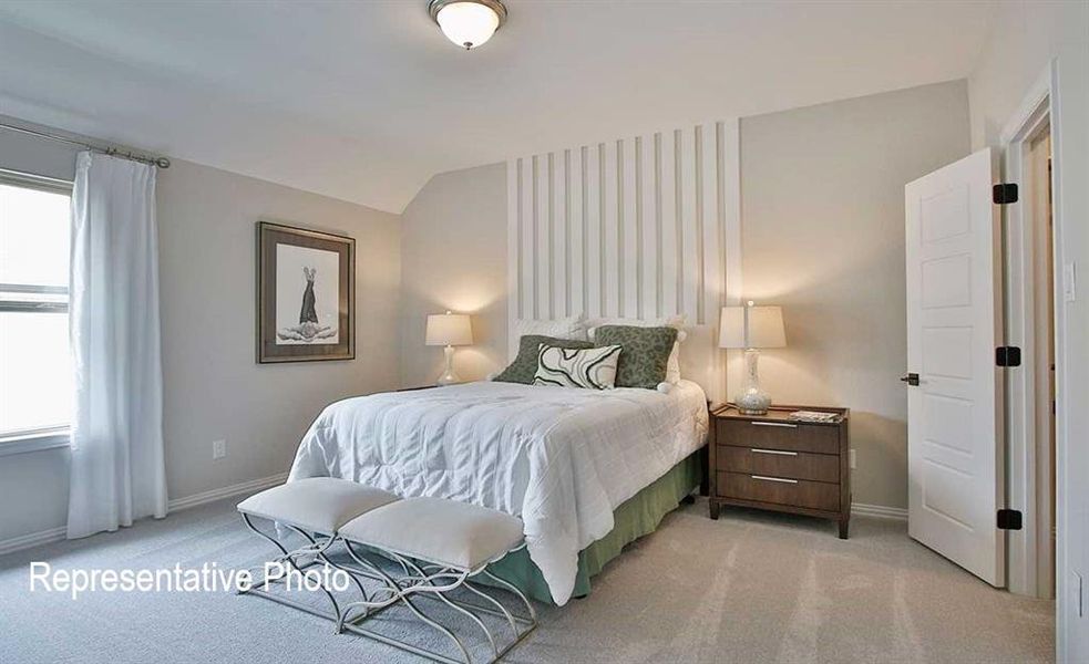 Carpeted bedroom featuring lofted ceiling