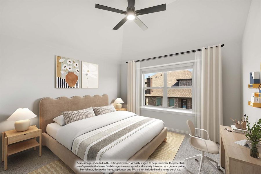 Bedroom with vaulted ceiling, ceiling fan, large window, and a desk in the corner