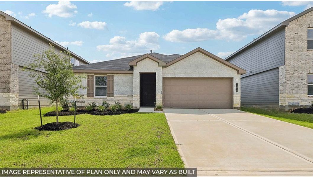 Representative exterior photo of a completed home built from the Bellvue by D.R. Horton in Grand Pines, Magnolia, TX (Image 1).