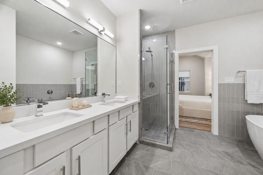 Representative photo showing the community’s model home primary bathroom. Layout and selections may vary. Representative photo showing the community’s model home primary bathroom. Layout and selections may vary.