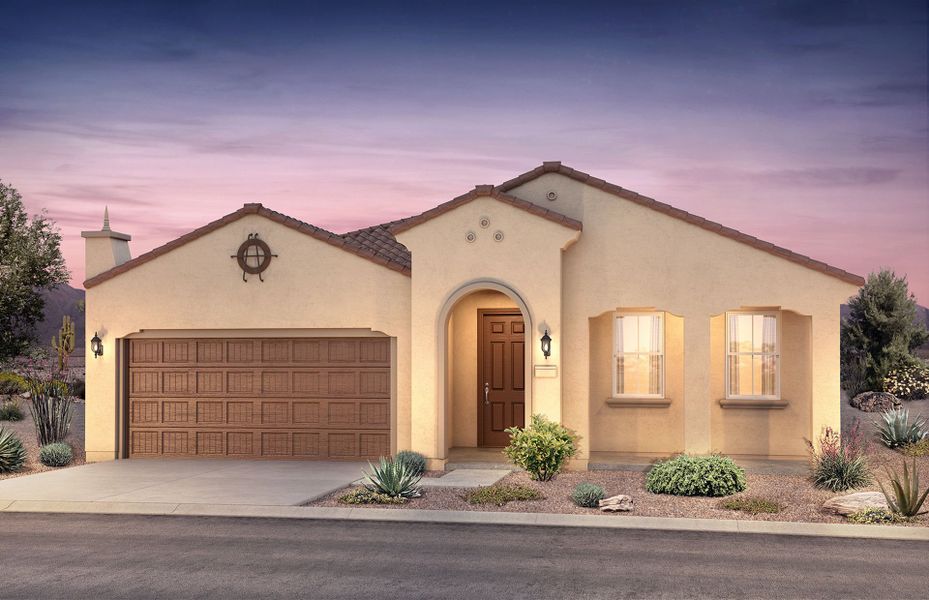 Front exterior of a new home in Sun City Anthem at Merrill Ranch, Florence, AZ, highlighting curb appeal (Image 1). Front exterior of a new home in Sun City Anthem at Merrill Ranch, Florence, AZ, highlighting curb appeal (Image 1).