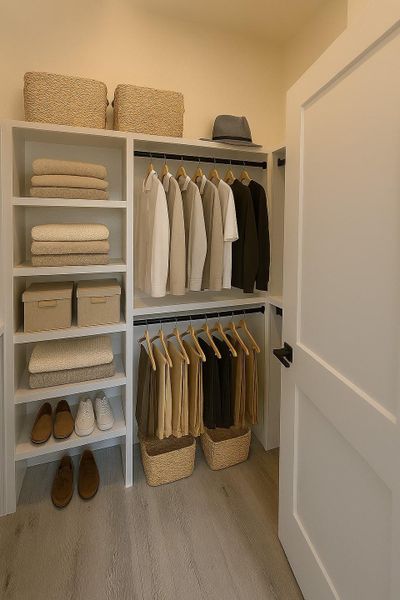 This walk-in closet features organized shelving and hanging space for clothes, with baskets and boxes for additional storage. Neutral tones and wooden flooring create a clean, modern look.