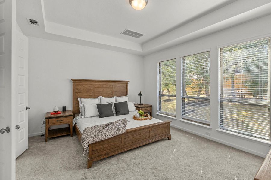 A tray ceiling and large windows overlook the yard in this peaceful master bedroom.