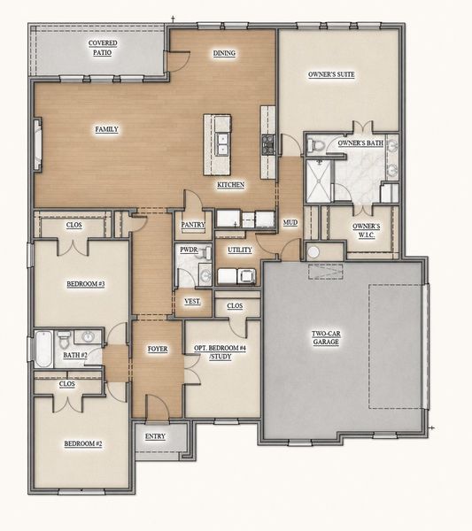 2D floor plan layout for the The Camellia by Kenmark Homes in Stagecoach Crossing, Bridgeport, TX (Image 3). 2D floor plan layout for the The Camellia by Kenmark Homes in Stagecoach Crossing, Bridgeport, TX (Image 3).