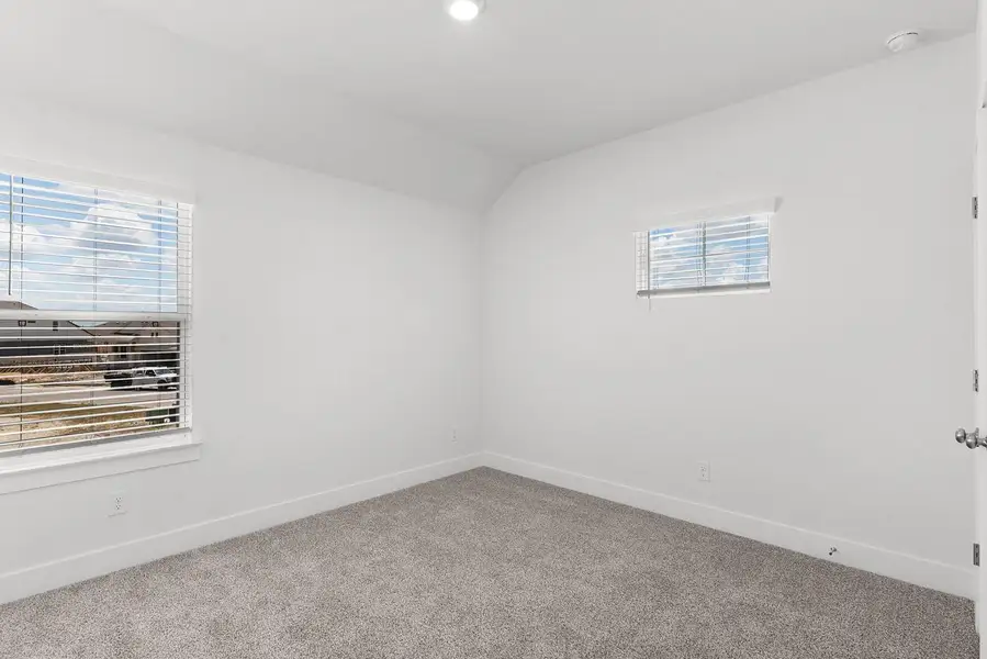 A quiet bedroom with plush carpeting and natural light filtering through the windows.