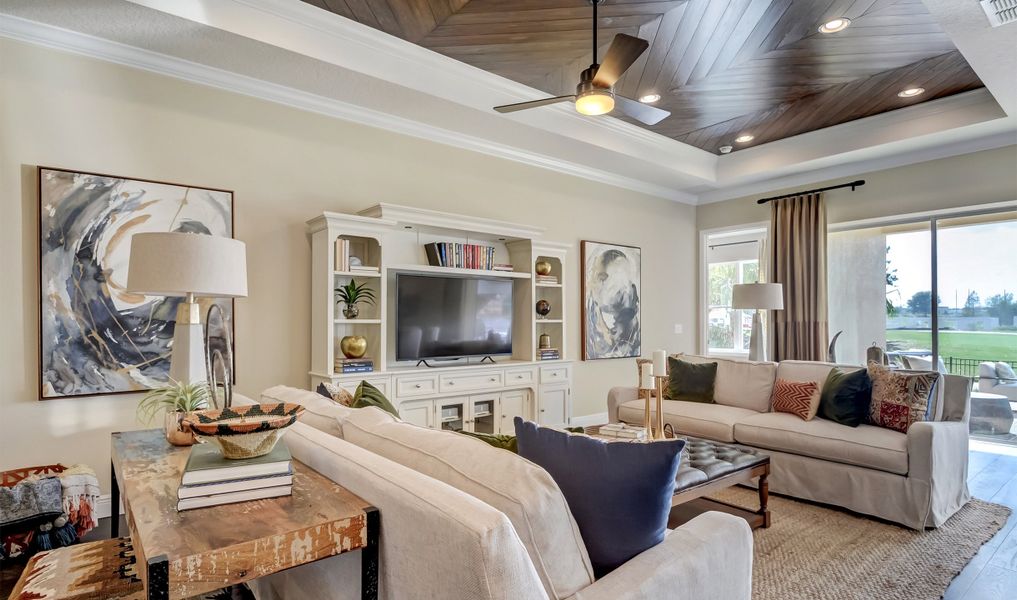 Great room with tray ceiling