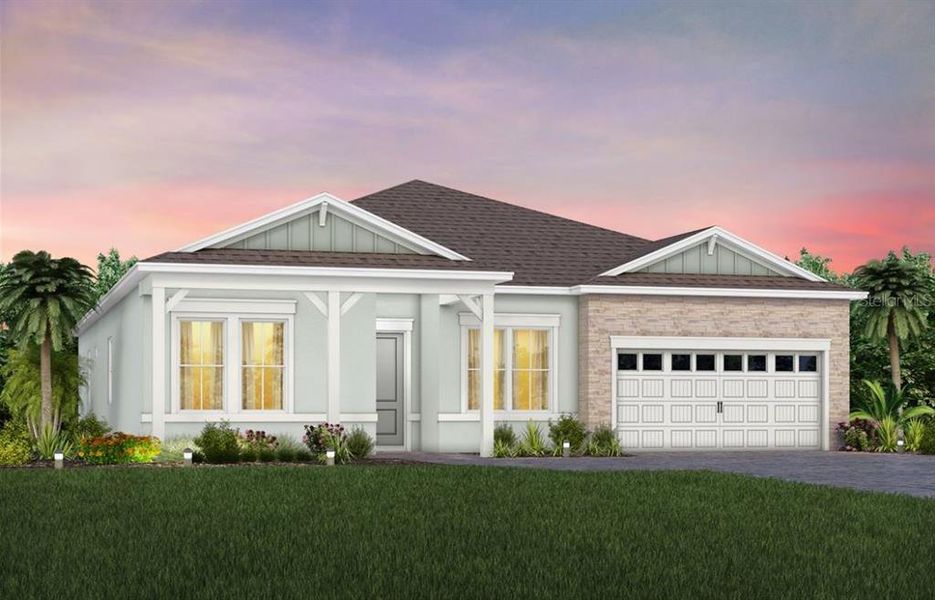 Stone Accented Coastal CO2 Exterior Design. Artistic rendering for this new construction home. Pictures are for illustrative purposes only. Elevations, colors and options may vary.