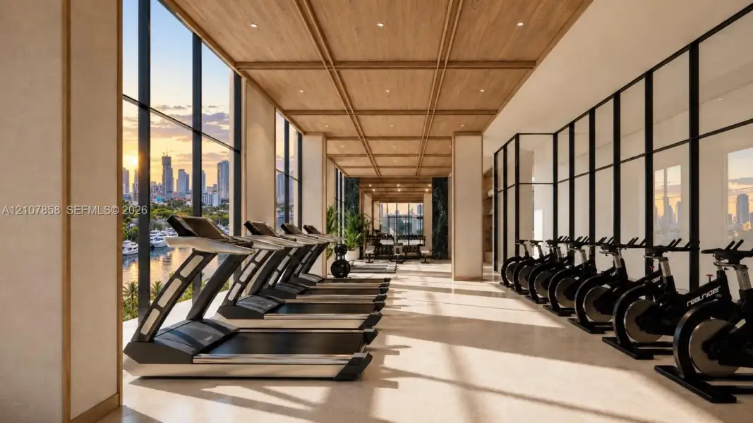 Fitness center featuring floor-to-ceiling windows, wood-paneled coffered ceilings, recessed lighting, and stone-finish flooring Fitness center featuring floor-to-ceiling windows, wood-paneled coffered ceilings, recessed lighting, and stone-finish flooring
