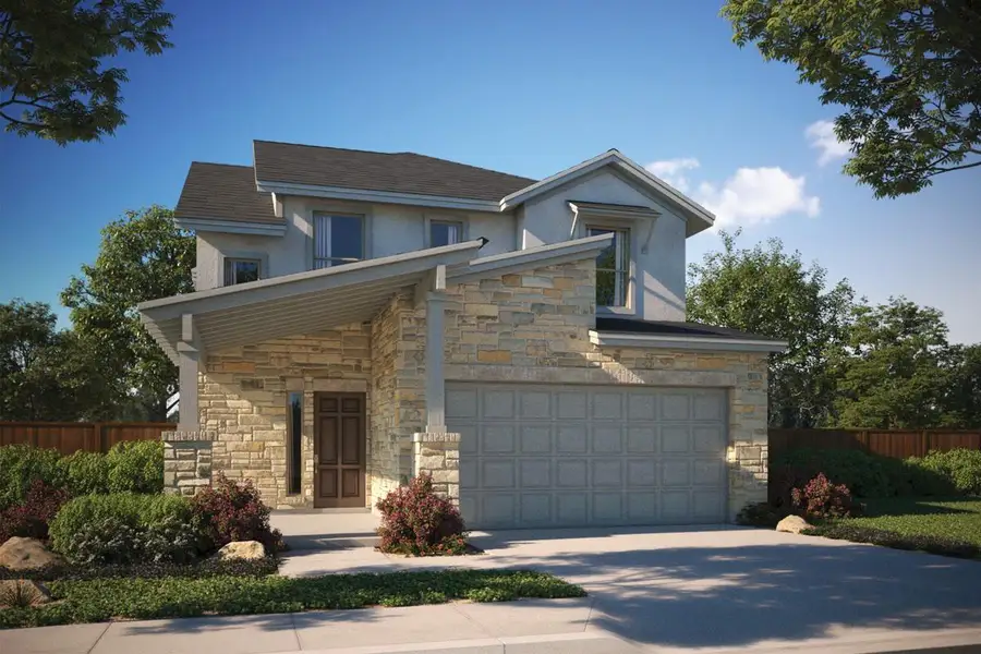 Front exterior of a new home in Foxfield, Austin, TX, highlighting curb appeal (Image 1). Front exterior of a new home in Foxfield, Austin, TX, highlighting curb appeal (Image 1).