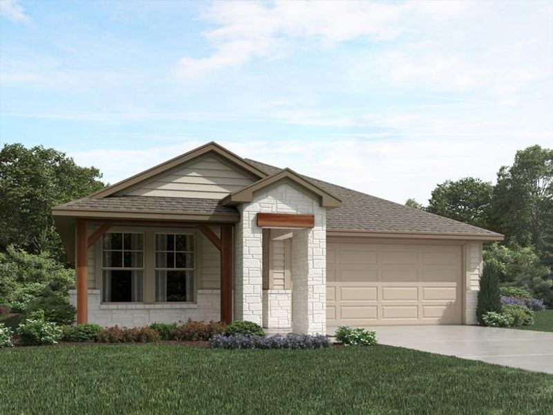 Front exterior of a new home in Turner's Crossing - Reserve Collection, Buda, TX, highlighting curb appeal (Image 1). Front exterior of a new home in Turner's Crossing - Reserve Collection, Buda, TX, highlighting curb appeal (Image 1).