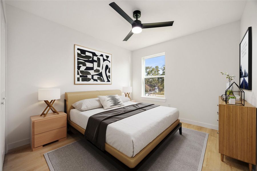 Secondary bedroom featuring wood-look flooring, recessed lighting, ceiling fan, and a bright window providing natural light. Ideal for guests, a home office, or flex space. *Virtually Staged Secondary bedroom featuring wood-look flooring, recessed lighting, ceiling fan, and a bright window providing natural light. Ideal for guests, a home office, or flex space. *Virtually Staged
