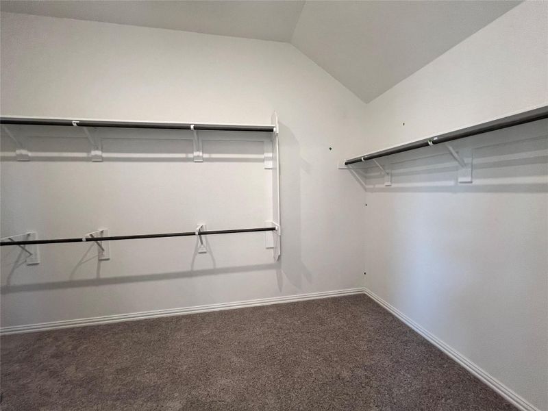 Spacious closet with dark colored carpet and lofted ceiling