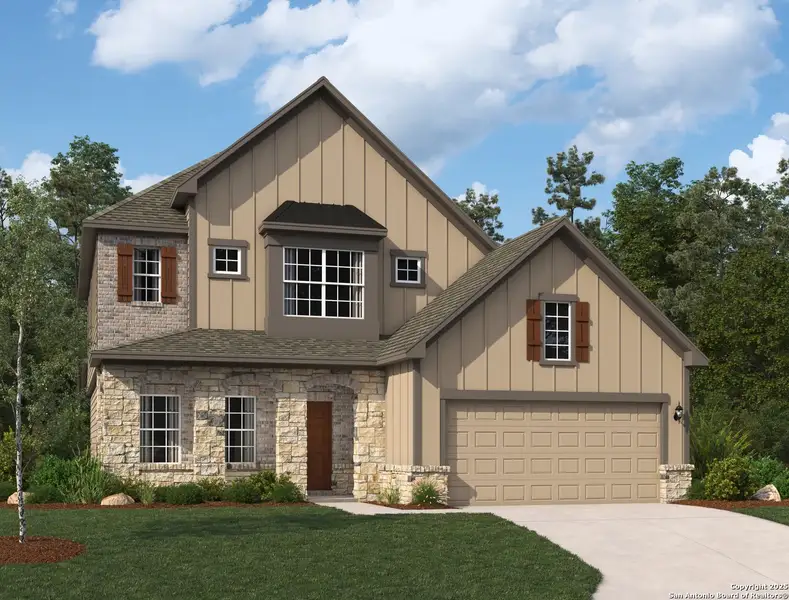 Front exterior of a new home in Cordova Trails, Seguin, TX, highlighting curb appeal (Image 1).