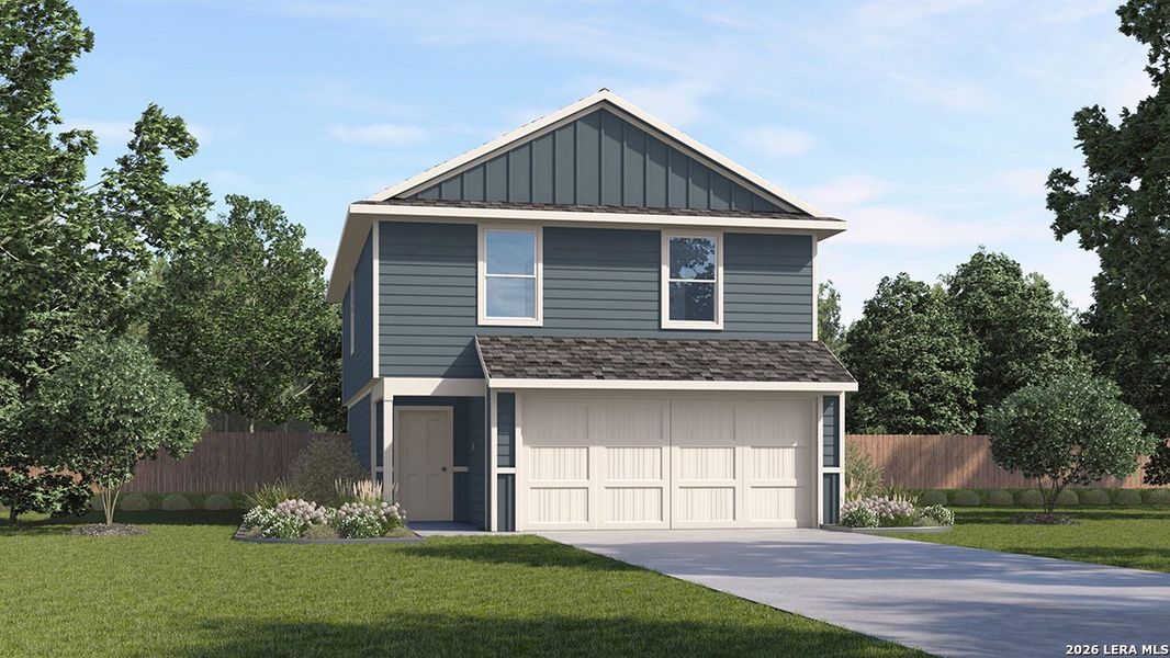 Front exterior of a new home in Blue Ridge Ranch, San Antonio, TX, highlighting curb appeal (Image 1). Front exterior of a new home in Blue Ridge Ranch, San Antonio, TX, highlighting curb appeal (Image 1).