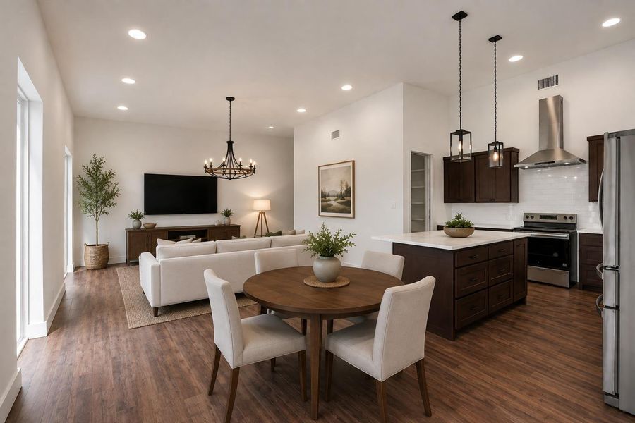 Virtually staged; an open-concept living area flows seamlessly past the dining nook and kitchen island.