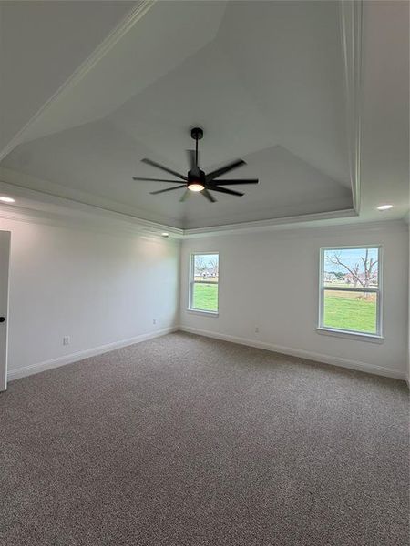 Tray ceiling with crown molding and recessed lighting
