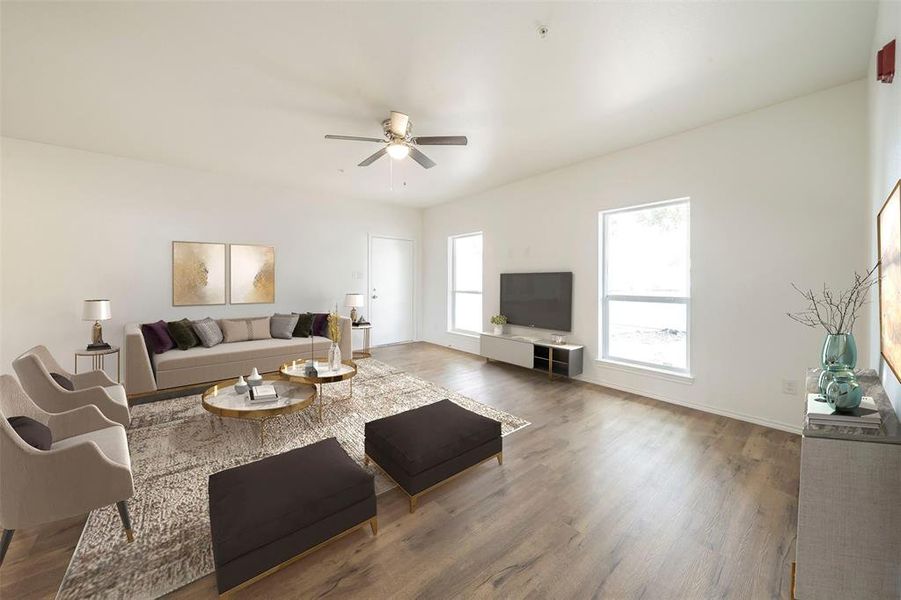 Virtually Staged* Living room with ceiling fan and dark hardwood / wood-style floors