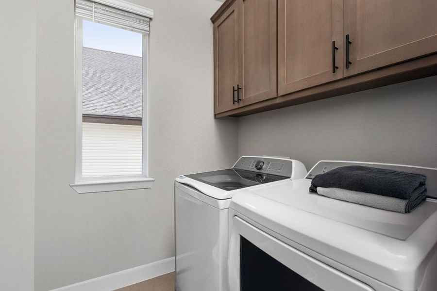 Laundry room featuring washer / dryer and cabinet space