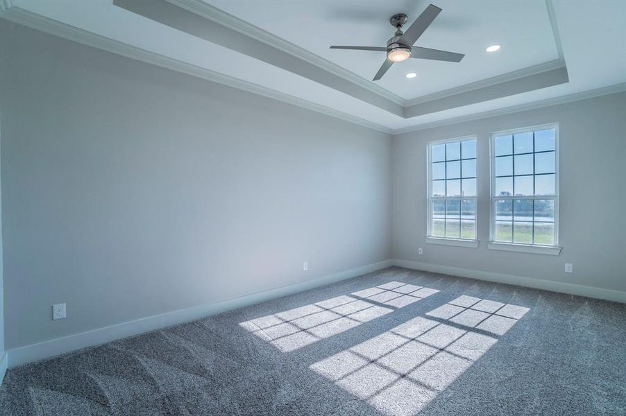 Spare room featuring a raised ceiling, ornamental molding, carpet floors, ceiling fan, and recessed lighting