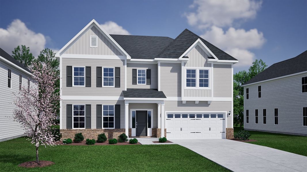 Front exterior of a new home in Pebble Branch, Chapin, SC, highlighting curb appeal (Image 1).
