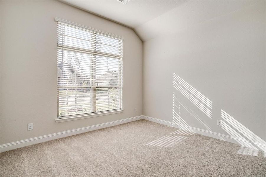 Unfurnished room with light carpet and lofted ceiling