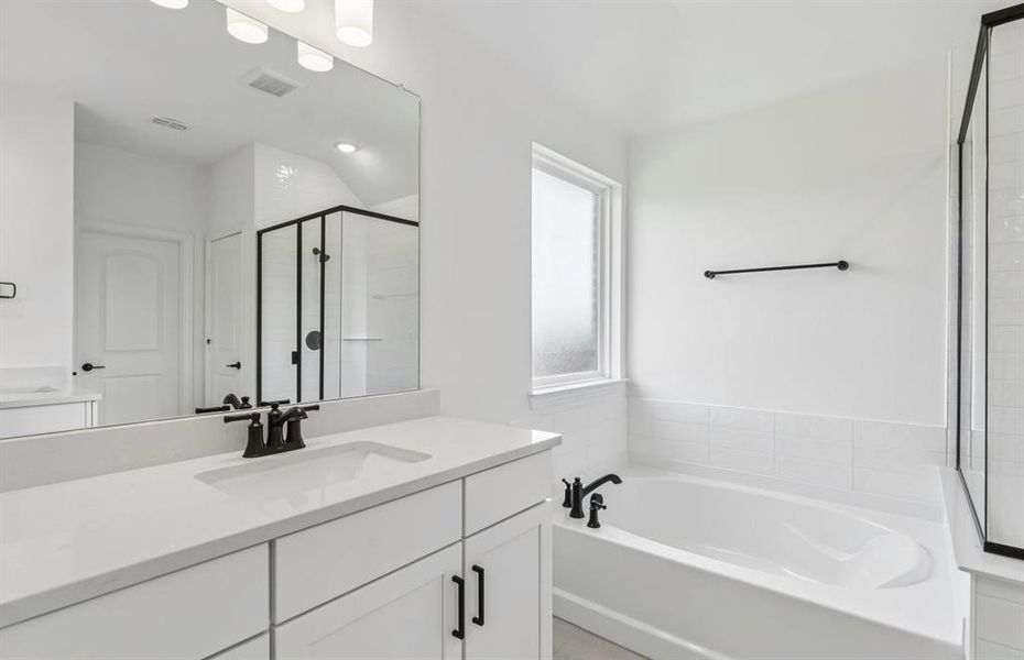Owner's bath with double vanity and spacious shower *Model representation Owner's bath with double vanity and spacious shower *Model representation