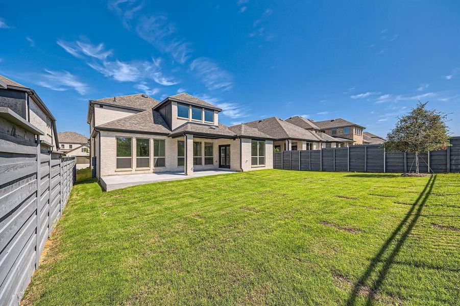 Spacious backyard featuring a manicured lawn, a concrete patio, and a newly planted tree Spacious backyard featuring a manicured lawn, a concrete patio, and a newly planted tree