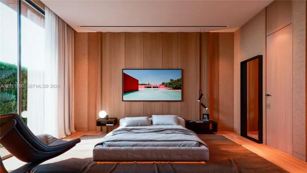 Floor-to-ceiling wood-paneled feature wall, full-height glass window, recessed linear ceiling lighting, flush-mounted interior door, and textured wall finish Floor-to-ceiling wood-paneled feature wall, full-height glass window, recessed linear ceiling lighting, flush-mounted interior door, and textured wall finish