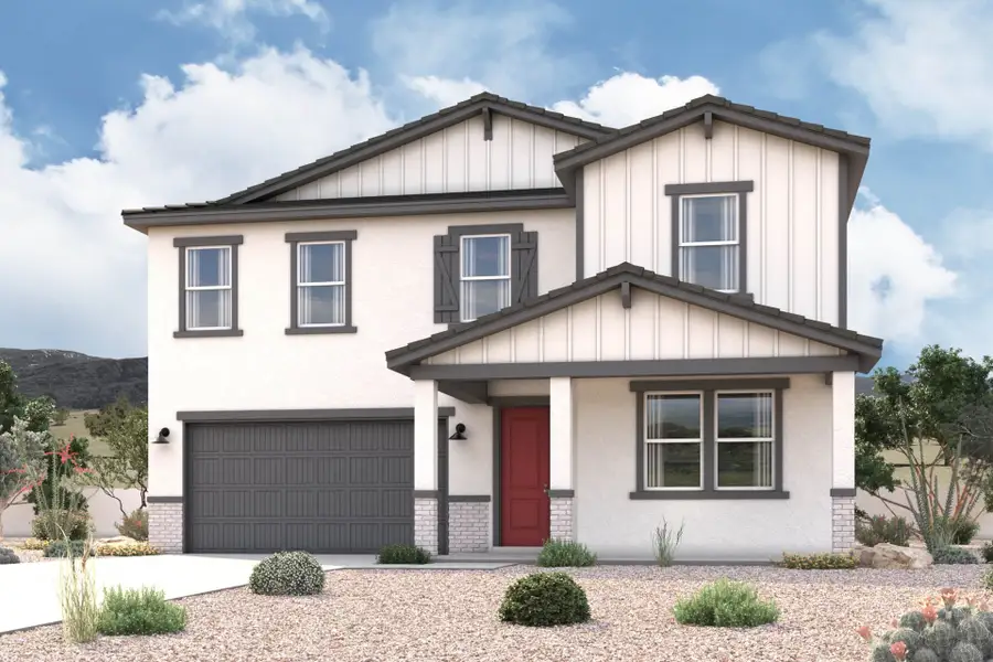 New Home farmhouse exterior elevation rendering of 2-story 4-bedroom 3-bathroom floor plan with an additional loft upstairs and study downstairs in Florence AZ Near Queen Creek USDA Loan VA Loan Eligible Near Hunt Highway with community Pool, Gym and more!