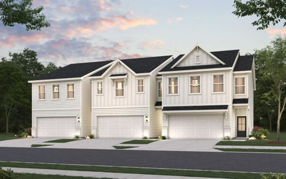 Front exterior of a new home in Sherwood Square, Flowery Branch, GA, highlighting curb appeal (Image 1). Front exterior of a new home in Sherwood Square, Flowery Branch, GA, highlighting curb appeal (Image 1).