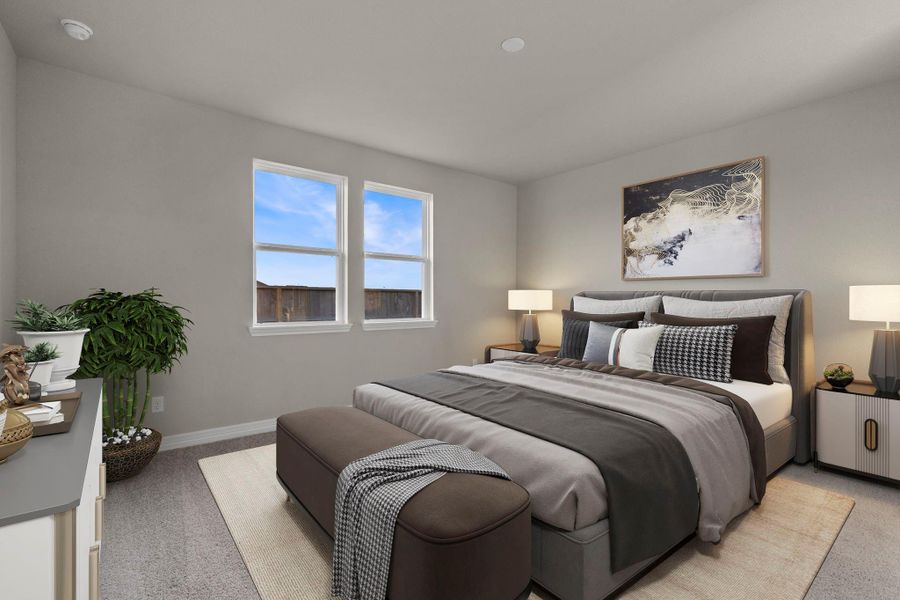 The primary bedroom is generously sized, creating a tranquil and spacious retreat that offers ample room for relaxation. Featuring plush carpet, high ceilings, fresh paint, and large windows that lets in natural lighting throughout the day. The primary bedroom is generously sized, creating a tranquil and spacious retreat that offers ample room for relaxation. Featuring plush carpet, high ceilings, fresh paint, and large windows that lets in natural lighting throughout the day.