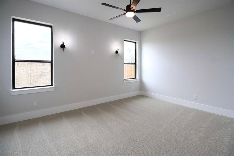 Carpeted empty room featuring ceiling fan and a healthy amount of sunlight