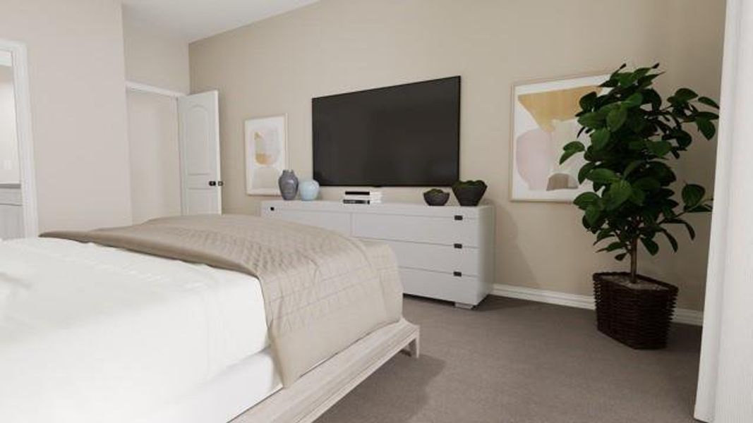 Bedroom with carpet flooring and baseboards