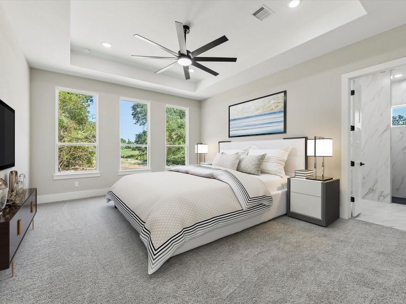 Stagged large Primary bedroom with views of the trees and nature. Stagged large Primary bedroom with views of the trees and nature.