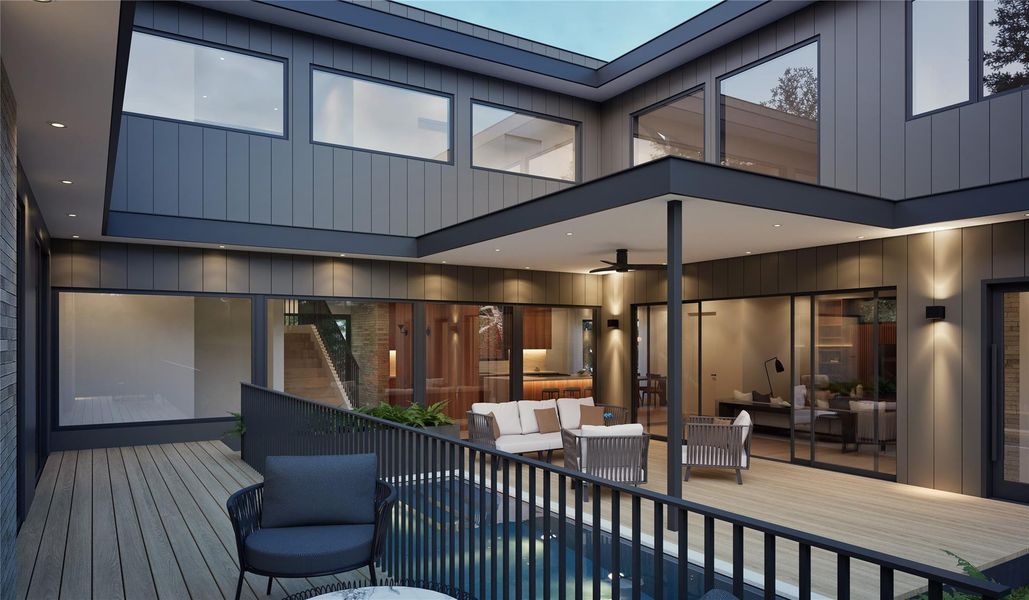 Deck featuring ceiling fan, an outdoor living space, and an outdoor pool