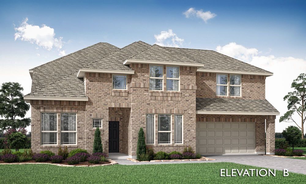 Two-story brick home with two-car garage, multiple windows, and landscaped front yard, Elevation B rendering