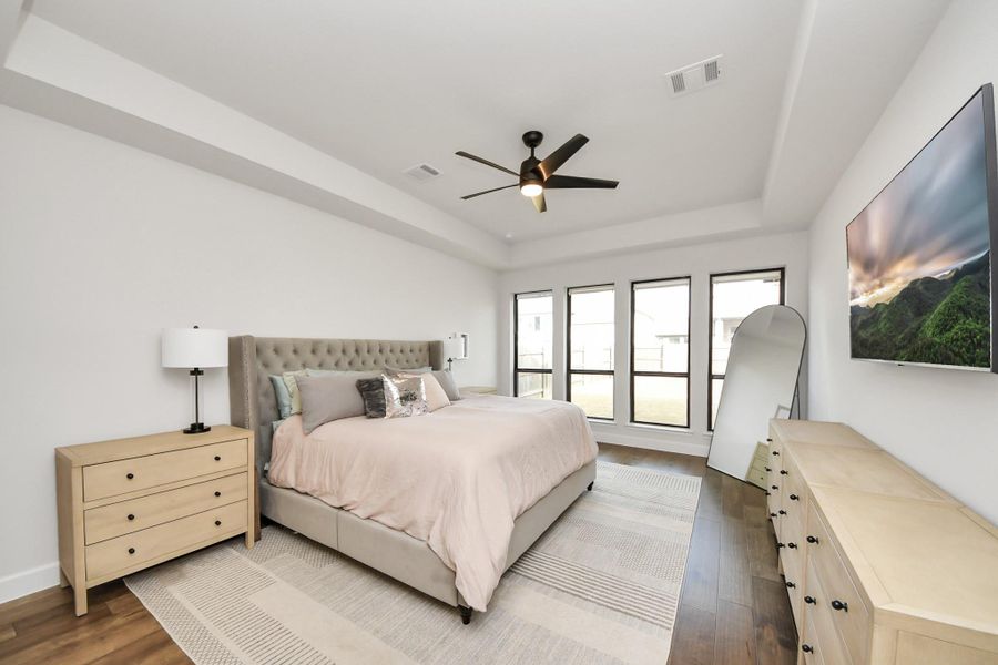 Generous primary suite with tray ceiling and sitting area.