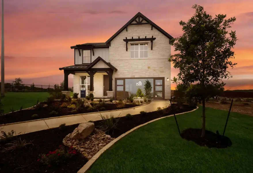 Front exterior of a new home in Horizon Ridge, San Antonio, TX, highlighting curb appeal (Image 1). Front exterior of a new home in Horizon Ridge, San Antonio, TX, highlighting curb appeal (Image 1).