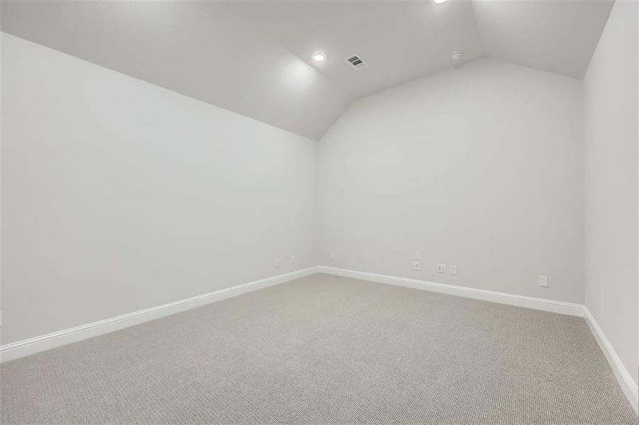 Carpeted empty room with lofted ceiling