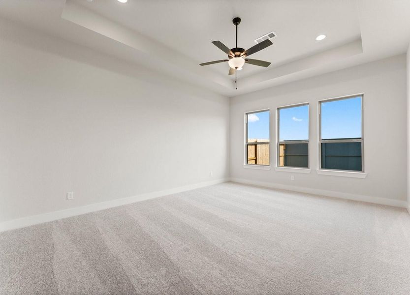 The Primary Bedroom with Tray Ceiling, Walk-in Closet, and Fan Can Accommodate a King Sized Bed.