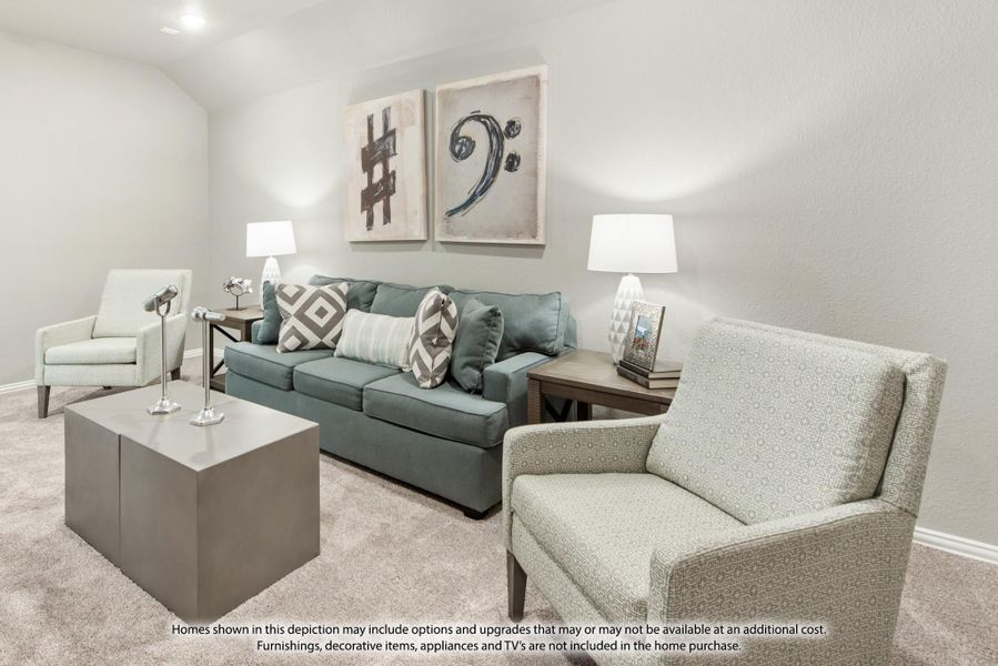 Living room with teal sofa, two accent chairs, carpet flooring, and abstract wall art above the couch