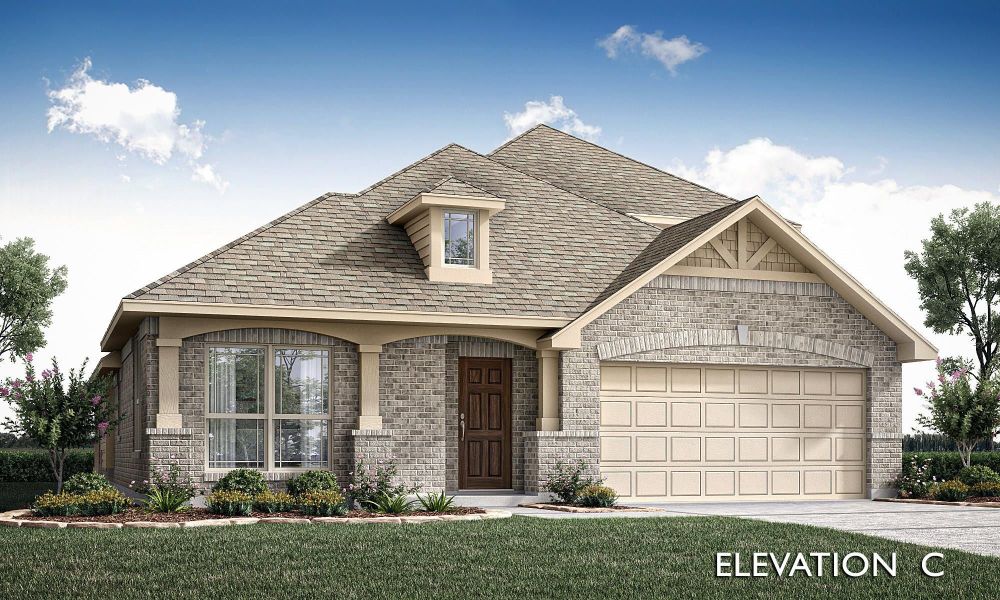 Single-story brick home with steep shingle roof, two-car garage, and arched front windows, Elevation C rendering. Single-story brick home with steep shingle roof, two-car garage, and arched front windows, Elevation C rendering.